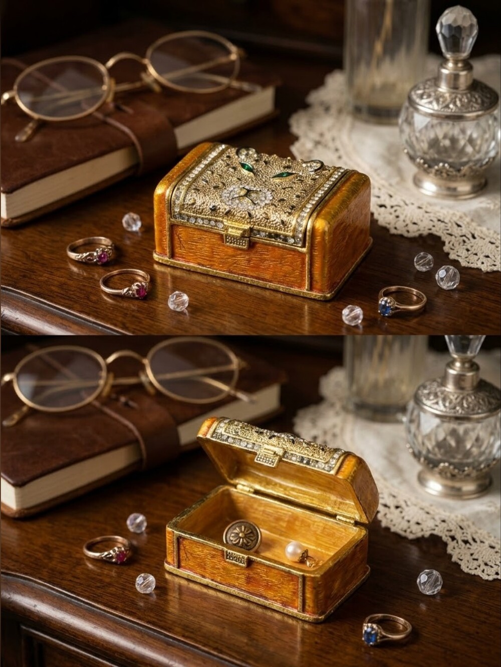 Vintage Jeweled Leopard Trunk Trinket Box Crystal Enamel Hinged Pill Keepsake